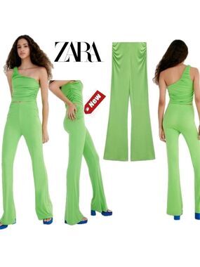 Zara neon green high waisted ruched stretchy pull-on flare pants Sz S NWT